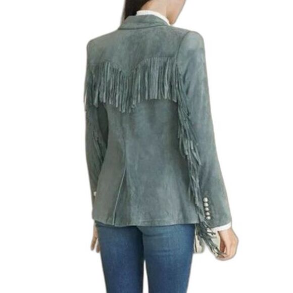 Veronica Beard Pali Fringed Suede Dickey Jacket Slate Blue Lambskin Size 8 - Picture 2 of 14